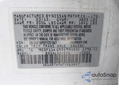 2015 Nissan Sentra Fe+ S/S/Sl/Sr/Sv из США, поврежденный, VIN 3N1AB7AP6FY261847